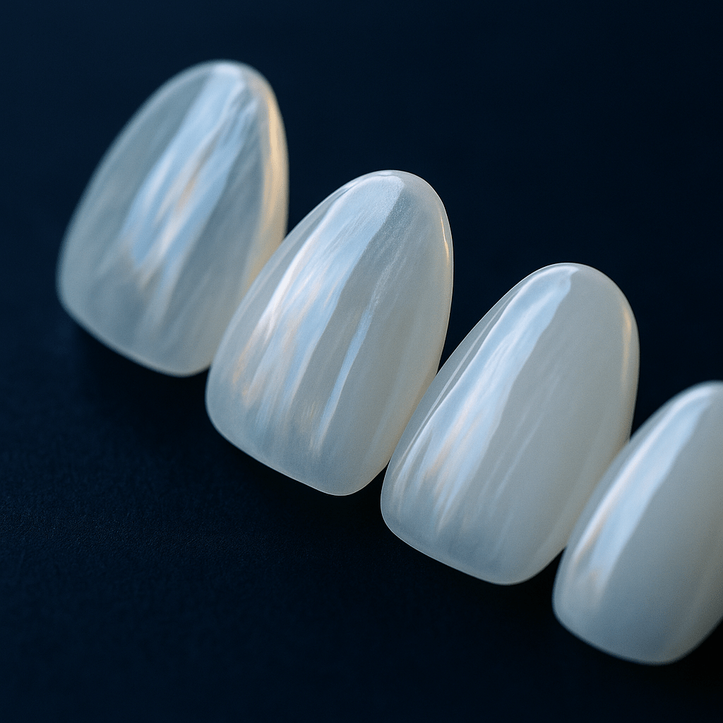 Close-up of translucent porcelain veneers on dark background showing natural shine and beauty of dental porcelain for cosmetic dentistry.