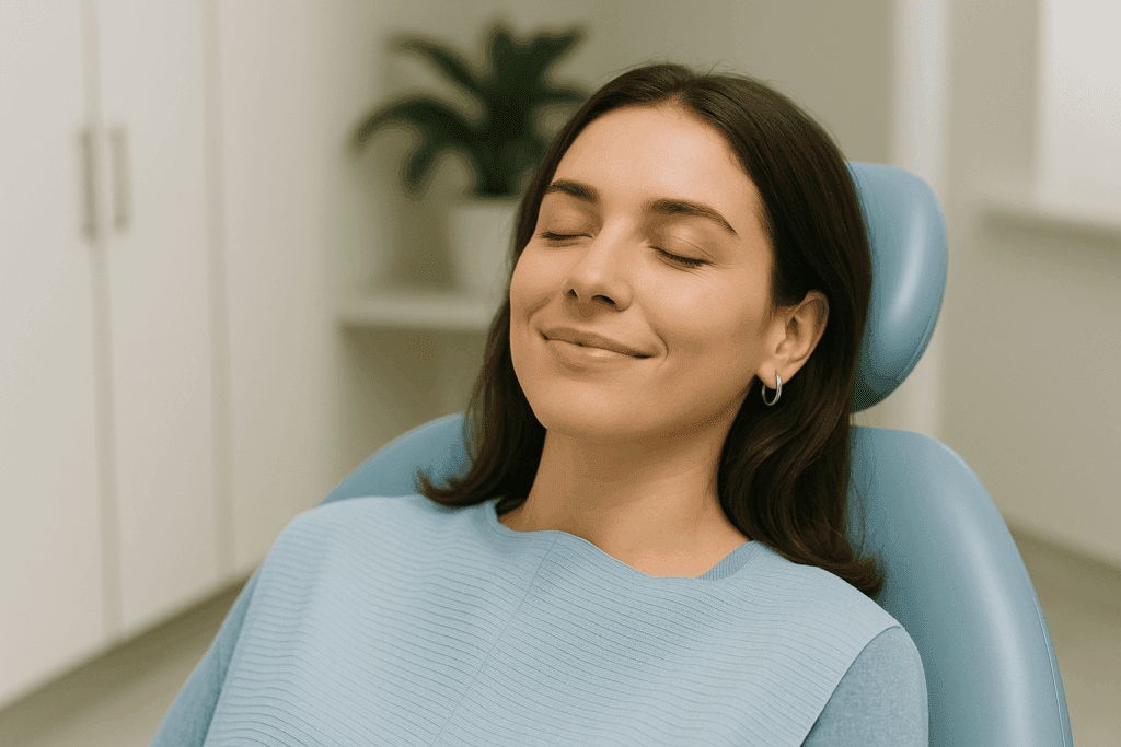 Relaxed female patient smiling gently in a dental chair, showing comfort and calm atmosphere during dental treatment.